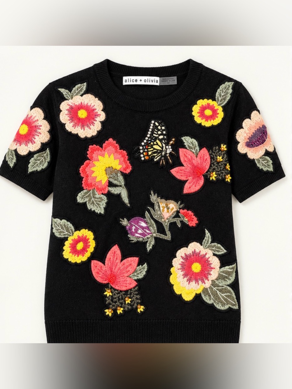 alice + olivia Ciara Butterfly Embroidered Sweater Tee Black Floral
